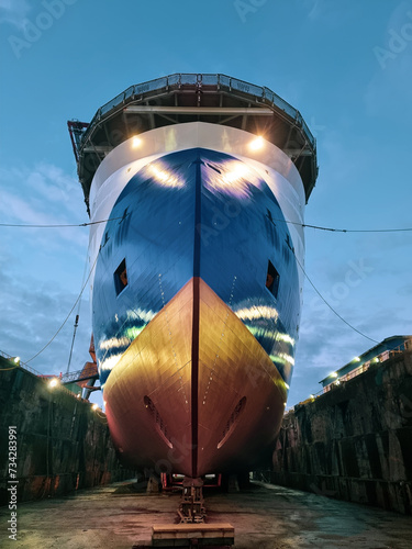 Bow of a offshore vessel after the dry dock repair and hull pain