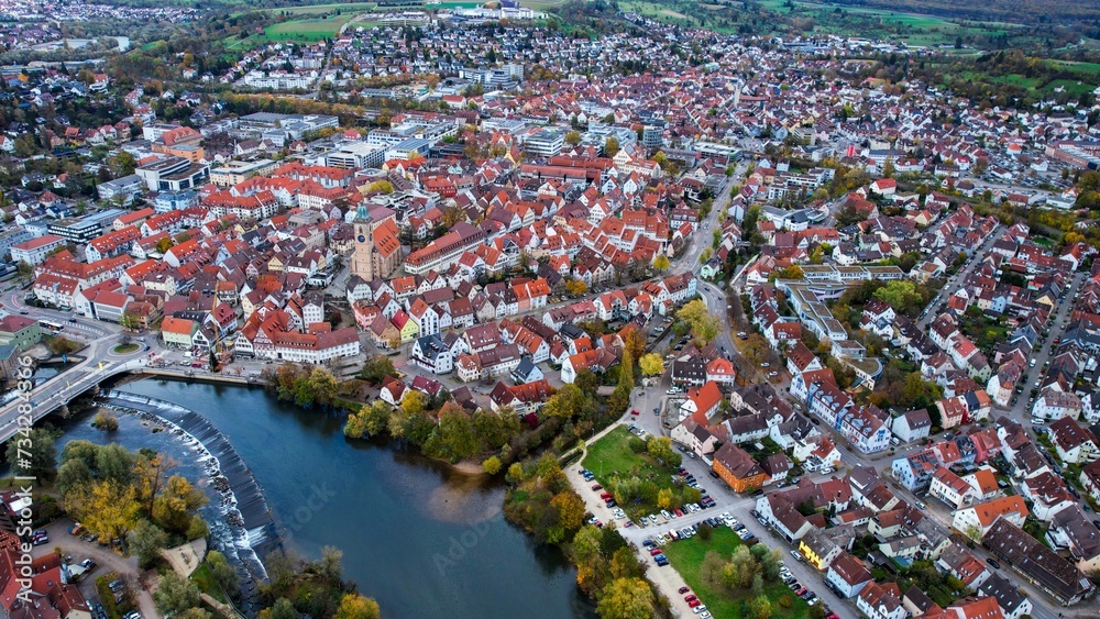 Aerial of the city Nürtingen in Germany on a sunny day in autumn