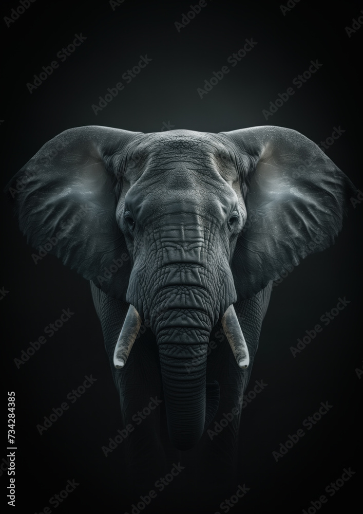 Black and white portrait of an elephant head on black background.