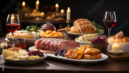 Gourmet meal, wine, meat, bread, fruit celebration on table generated by AI