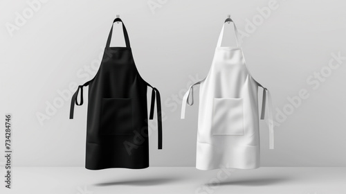 Modern a black and a white and aprons with shadow mockup isolated on on light gray background. Kitchen blank apron.with empty space for logo, text. photo