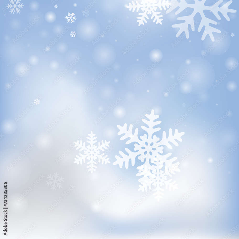 White flying snowflakes composition. Winter fleck freeze elements. Snowfall sky white blue pattern. Blurred snowflakes december theme. Snow nature scenery.