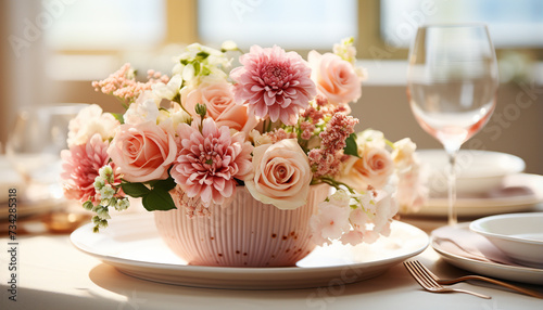 Romantic wedding celebration with elegant flower bouquet on wooden table generated by AI
