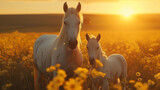 Gentle white mare and foal bask in sunset's tranquil glow