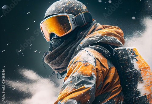 Snowboarder dressed in a full protective gear for extreme freeride snowboarding posing. Banner. Generative AI photo