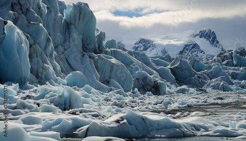 Majestic mountain peak reflects in frozen blue water generated by AI