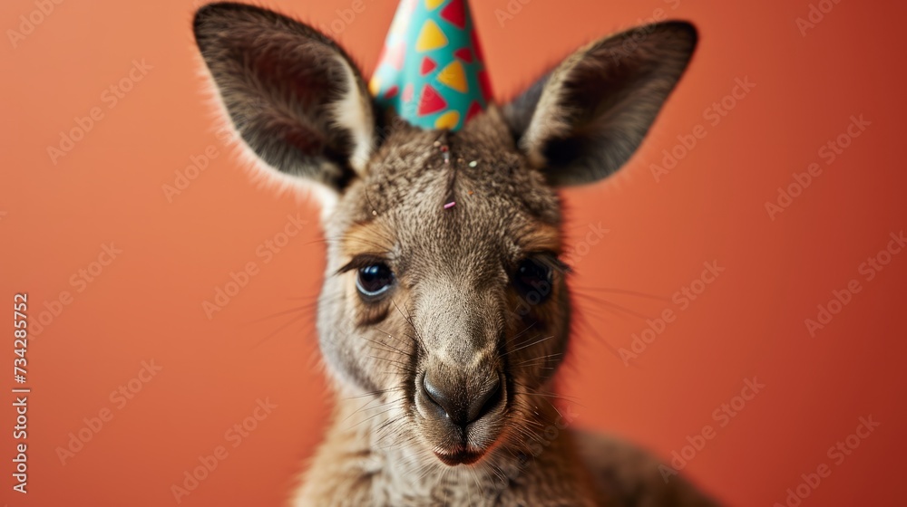 Fototapeta premium Kangaroo joey with birthday hat generative ai