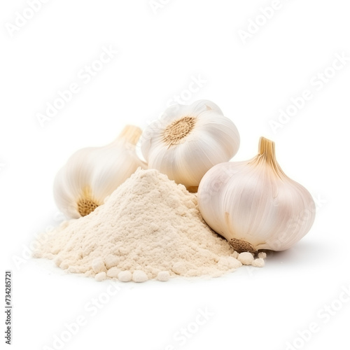 close up pile of finely dry organic fresh raw garlic powder isolated on white background. bright colored heaps of herbal, spice or seasoning recipes clipping path. selective focus