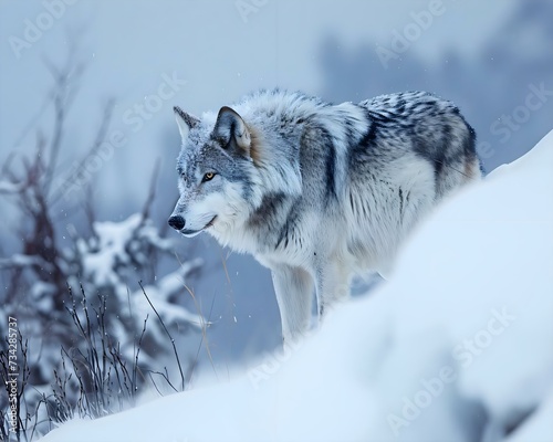 a wolf standing on top of a snow covered hill