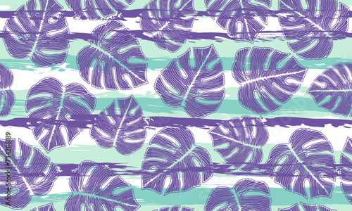 Monstera exotic foliage floral seamless ornament over stripes background.