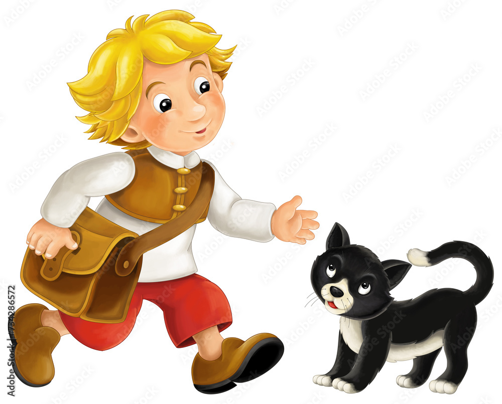 Cartoon farm character farmer man boy child with happy black cat isolated illustration for kids Cartoon farm character farmer man boy child with happy black cat isolated illustration for kids