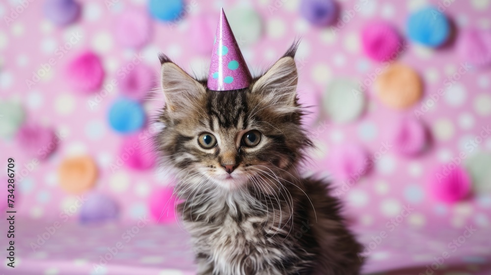 Kitten with birthday hat, generative ai Kitten with birthday hat, generative ai