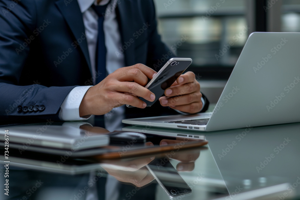 A man in a suit is using a cell phone in front of a laptop A man in a suit is using a cell phone in front of a laptop