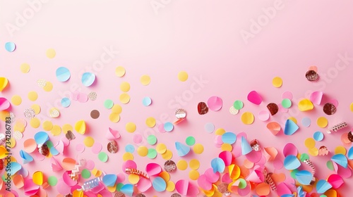 Colorful paper confetti on light bright pink background, celebrating backdrops, copy space