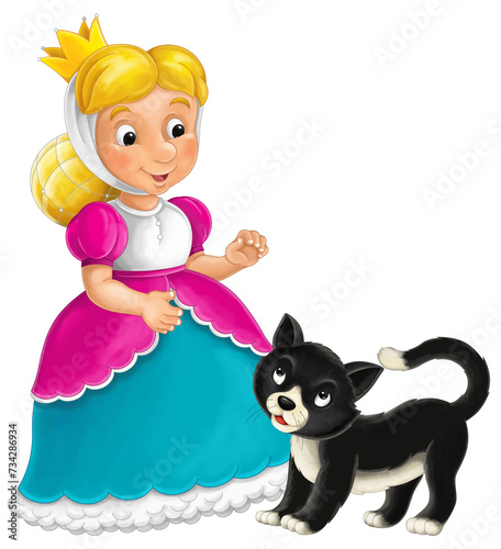 Cartoon character - royal princess cheerful standing and smiling with happy black cat isolated illustration for children © agaes8080