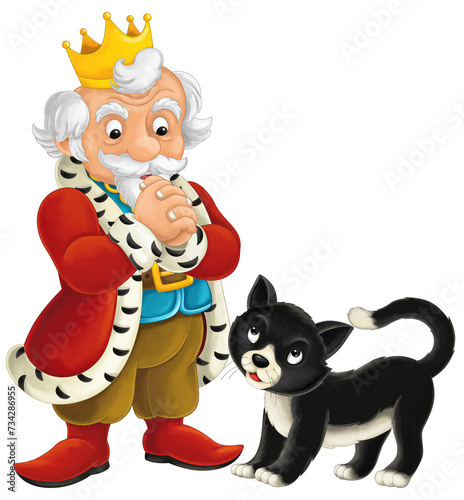 Cartoon happy and funny knight or king with happy black cat isolated illustration for children © agaes8080