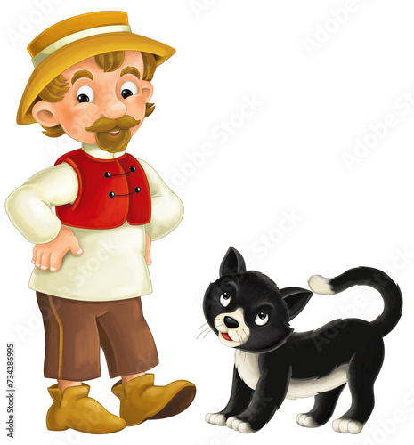 Cartoon farm character farmer man boy child with happy black cat isolated illustration for kids