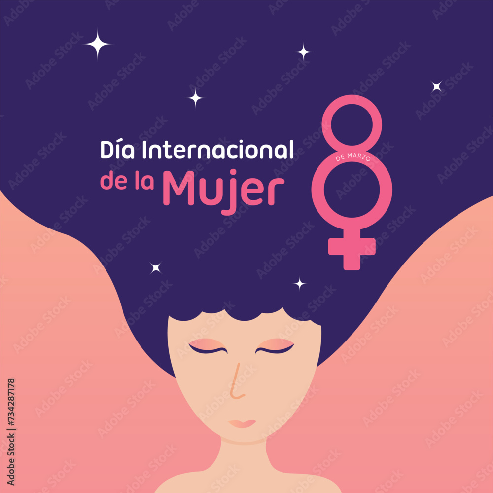8 de marzo día internacional de la mujer. Ilustración de rostro de mujer - obrazy, fototapety, plakaty 