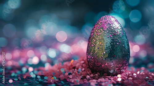 Easter egg decorated with colorful sequins and glitter, holiday decoration