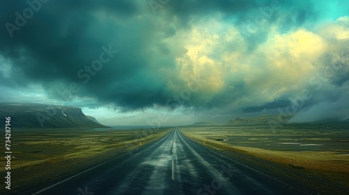a long empty road in the middle of a field under a cloudy sky with a green field in the foreground. © Olga