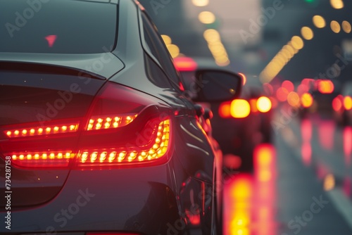 Rear view of modern car with brake lights on during rush hour. Concept of irritation of being delayed by traffic jam. Road full of vehicles in panoramic composition