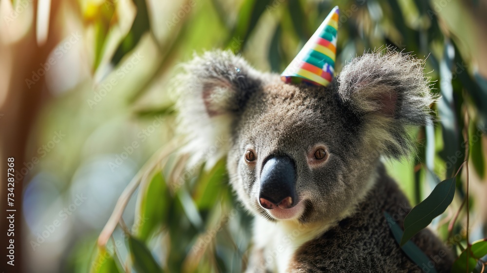 Obraz premium Koala with birthday hat, eucalyptus background, generative ai