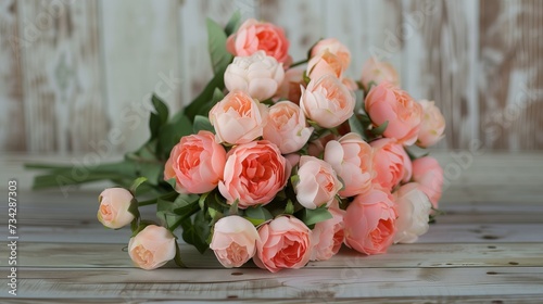Fresh bunch of pink peonies and roses on wooden rustic background. Card Concept, pastel colors, close up image, copy space