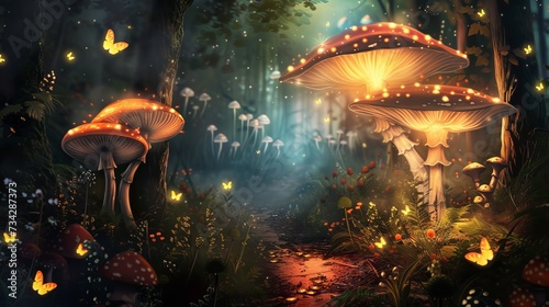 Świecące lampy grzybowe z świetlikami w magicznym lesie