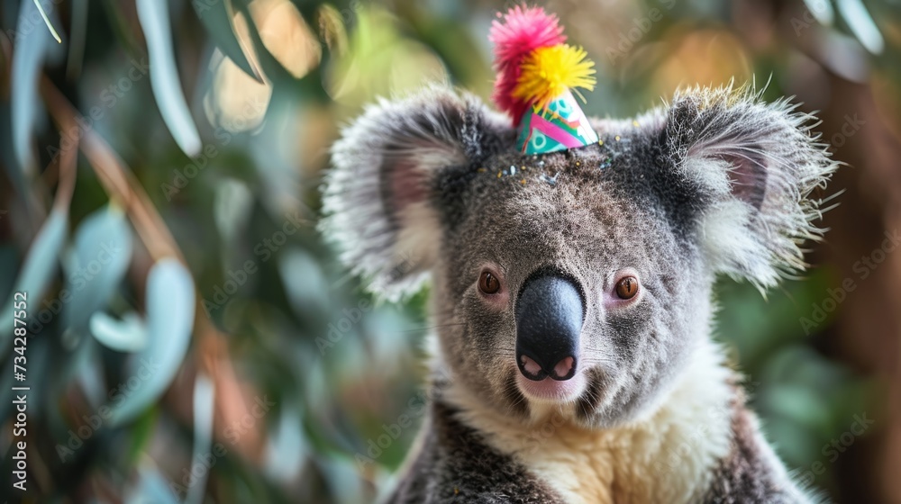 Koala with birthday hat, eucalyptus background, generative ai Koala with birthday hat, eucalyptus background, generative ai