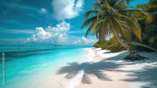 a palm tree casts a shadow on the white sand of a tropical beach with clear blue water and blue skies.
