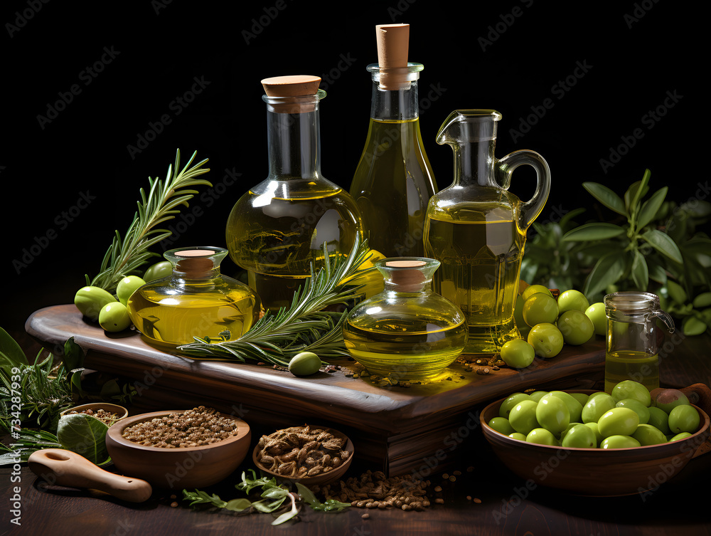 different forms of olive oil on a black background different forms of olive oil on a black background