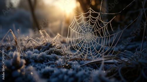 a spider web covered in dew sits in the middle of a frosty grass field with the sun shining in the background.