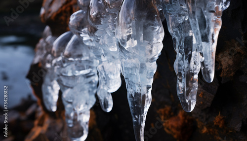 Winter beauty frozen icicles hang, reflecting nature refreshing freshness generated by AI