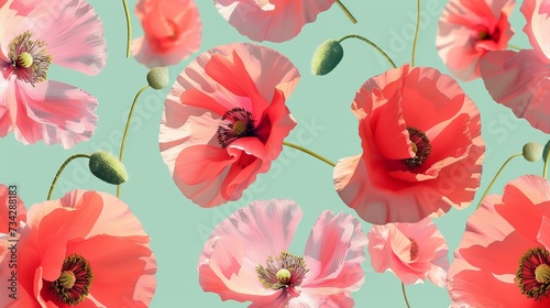 Seamless pattern with pink poppies on mint green background. Beautiful decorative stylized spring summer flowers