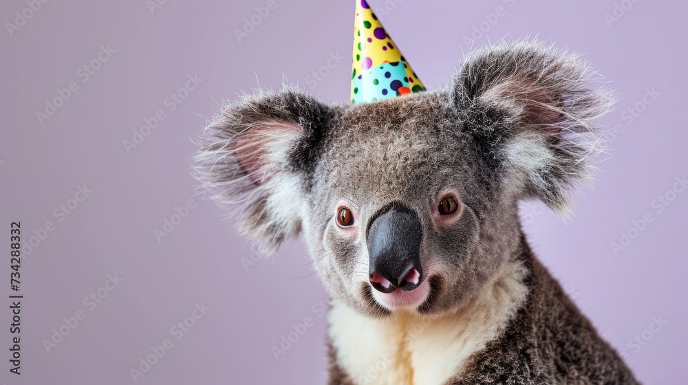 Naklejka premium Koala with birthday hat generative ai