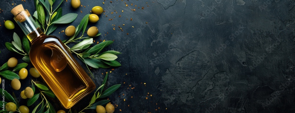 A bottle of fresh olive oil sits on a beautiful dark background, surrounded by olives and leaves. - obrazy, fototapety, plakaty 