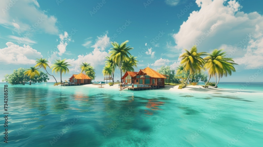 a tropical island with palm trees and a small hut on a small island in the middle of a body of water.