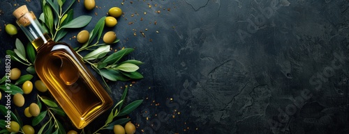 A bottle of fresh olive oil sits on a beautiful dark background, surrounded by olives and leaves. photo