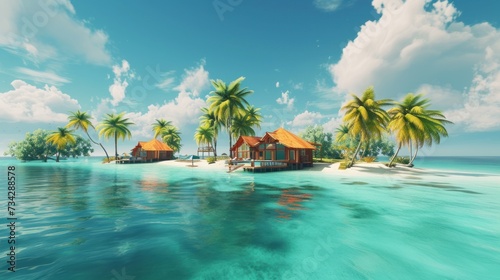 a tropical island with palm trees and a small hut on a small island in the middle of a body of water.