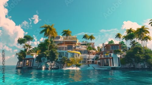 a house on an island in the middle of the ocean with a surfboard in the foreground and palm trees in the background.