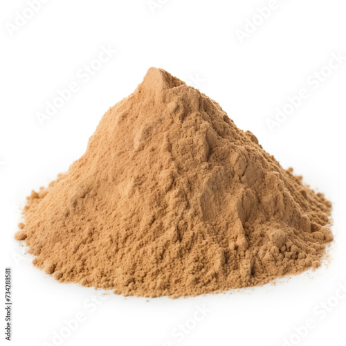 close up pile of finely dry organic fresh raw gokshura powder isolated on white background. bright colored heaps of herbal  spice or seasoning recipes clipping path. selective focus