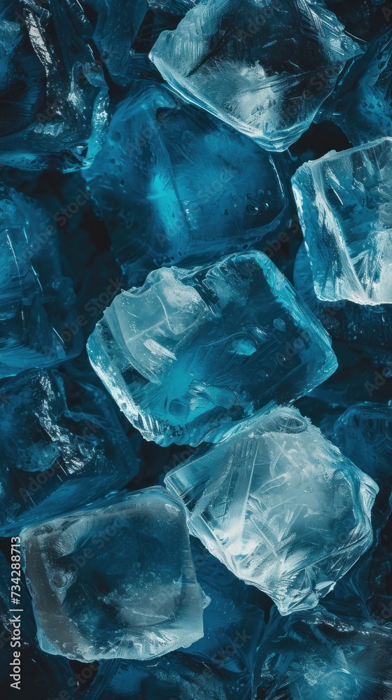 A full frame close-up shot highlighting the texture of blue ice cubes sitting on a table. A full frame close-up shot highlighting the texture of blue ice cubes sitting on a table.