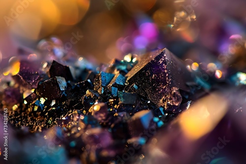 a pile of purple and blue crystals on a table