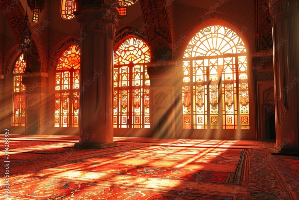 Sunlit mosque interior with ornate windows during Ramadan