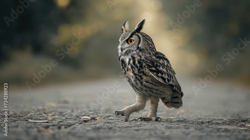 a close up of an owl walking on a road with trees in the backgroup and a blurry background.