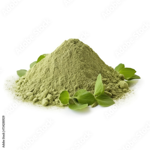 close up pile of finely dry organic fresh raw gotu kola herb powder isolated on white background. bright colored heaps of herbal, spice or seasoning recipes clipping path. selective focus photo