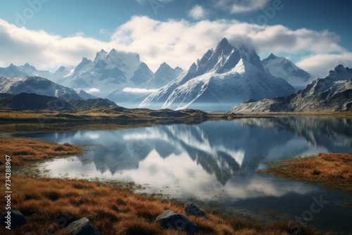 AI generated illustration of a lake with mountains in the background near a grassy area
