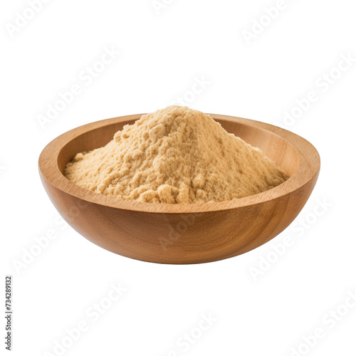 pile of finely dry organic fresh raw caraway powder in wooden bowl png isolated on white background. bright colored of herbal, spice or seasoning recipes clipping path. selective focus photo