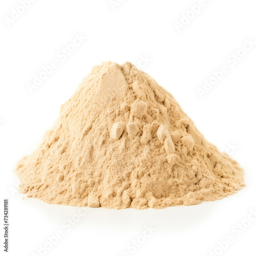 close up pile of finely dry organic fresh raw ginseng powder isolated on white background. bright colored heaps of herbal, spice or seasoning recipes clipping path. selective focus photo
