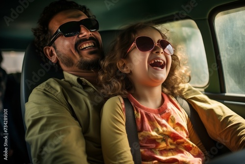 Parents daughter auto ride service. American trip. Generate Ai © juliars